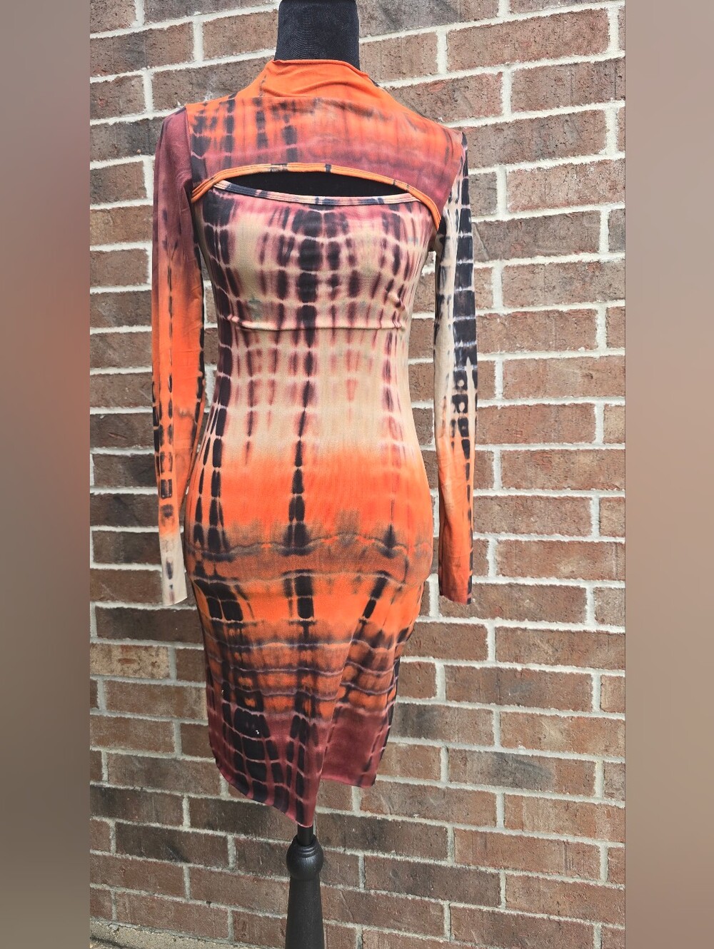 Fashion Nova Tie Dye Cutout Midi Dress Long Sleeve Orange Black Size Small